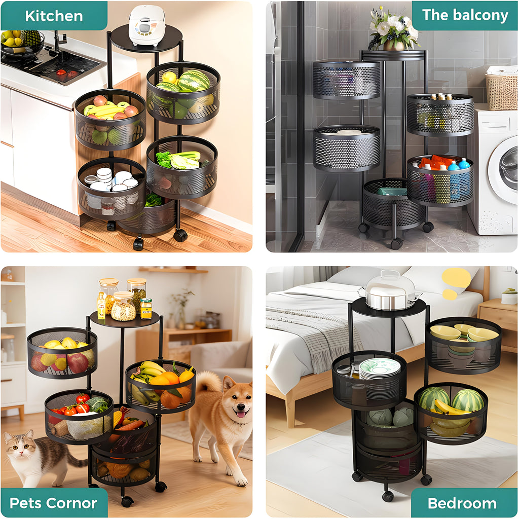 Compact Adjustable Home Storage Rack – durable multi-purpose storage, POKEPIC 5-Tier Round 360 Rotating Storage Cart No Assembly Mobile Organizer Space Saving Floor, designed for American homes, daily convenience and practical gifting
