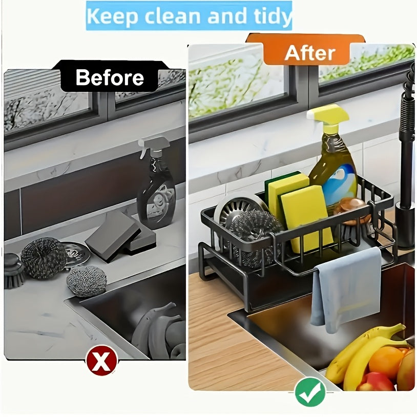 Kitchen Essential – Heavy-Duty Metal Kitchen Sink Organizer Tray - Built-in Sponge Holder with Dish Brush Slot - Space-Saving Countertop Organizer Compatible with Standard Sinks - Easy-Clean