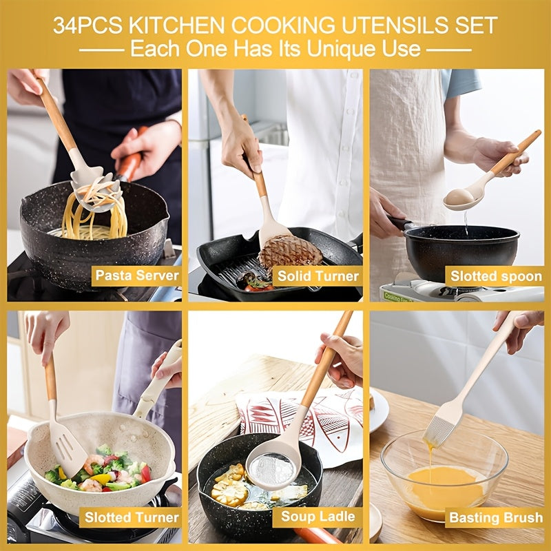 Kitchen Essential – Kitchen Utensil Set - 34/35pcs Silicone Cooking Utensils, Heat-Resistant Kitchen Utensil Spatula Set, Suitable for Non-Stick Pans, Wooden Handle Kitchen Tool Set for Mode