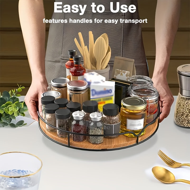 Heavy-Duty Adjustable Home Storage Rack – durable multi-purpose storage, Wooden Rotating Storage Rack with Steel Handrails Kitchen Spice Tray Susan Rotating Solid Wood, designed for American homes, daily convenience and practical gifting