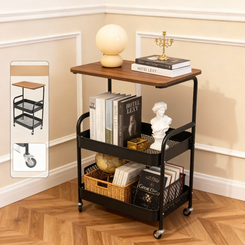 Premium Adjustable Home Storage Rack – durable multi-purpose storage, Three-Tier Metal Utility Cart Metal Storage Rack Rolling Cart with Wooden Tabletop Multifunctional Storage, designed for American homes, daily convenience and practical gifting