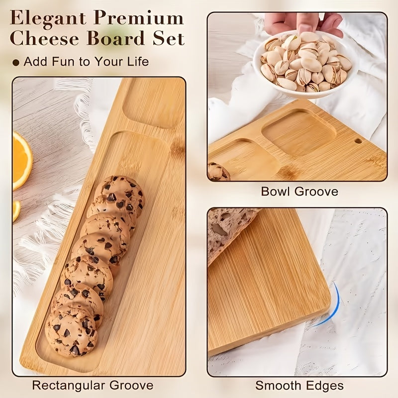 Large Charcuterie Board with 4 Knife Set - Wood and Bamboo Dinner Plates, Divided Sectionsfor Cheese, Meats, Fruits & Crackers - Party Platter for Weddings, Thanksgiving, Housewarming - Durable Board for