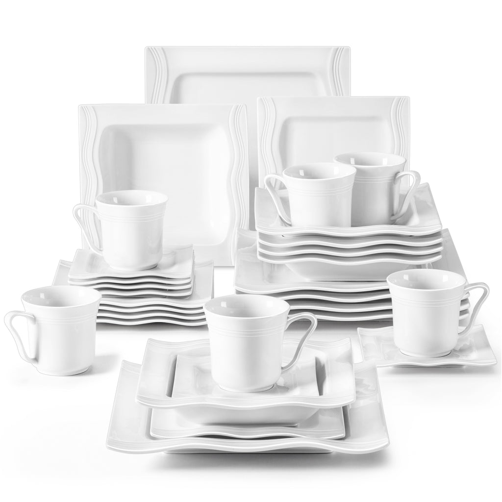 Plates And Bowls Set For 6, Grey White Square Dinnerware Sets, 30pcs Porcelain Dishes Set With Plates, Bowls, Cups And Saucers, Dinner Set Microwave Safe