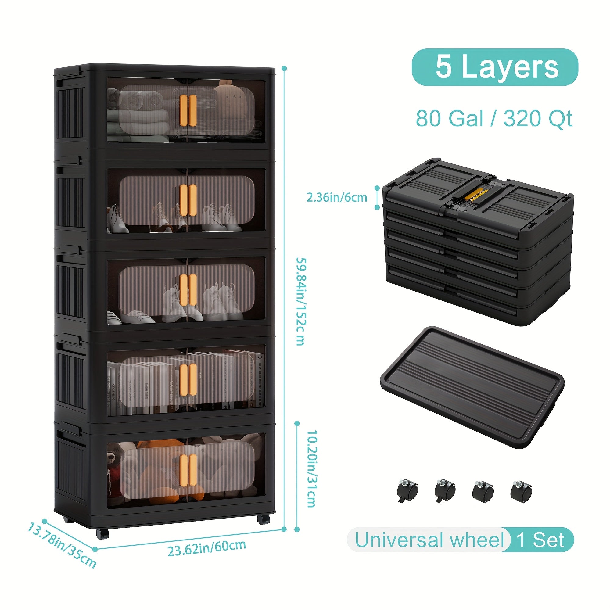 4/5 Tier Large Double Door Storage Locker & Bin, Collapsible Stackable Sturdy Space-Saving Plastic Organizer with 360° Rotatable Lockable Wheels - All-Purpose Organizer for Dorm, Office, Closet, Living Room, Gym, School, Garage, Bedroom, Basement