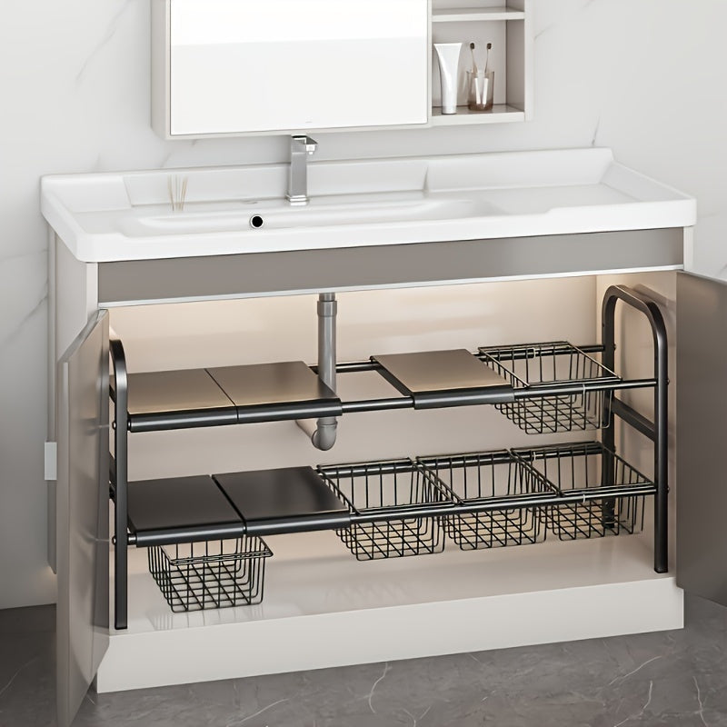 Kitchen Essential – 1 Expandable Under Sink Organizer & Locker 2 Tier Cabinet Shelf Organizer with 5 Removable Panels 5 Baskets for Under Kitchen Bathroom Sink Organizer & Storage.Thanksgivi