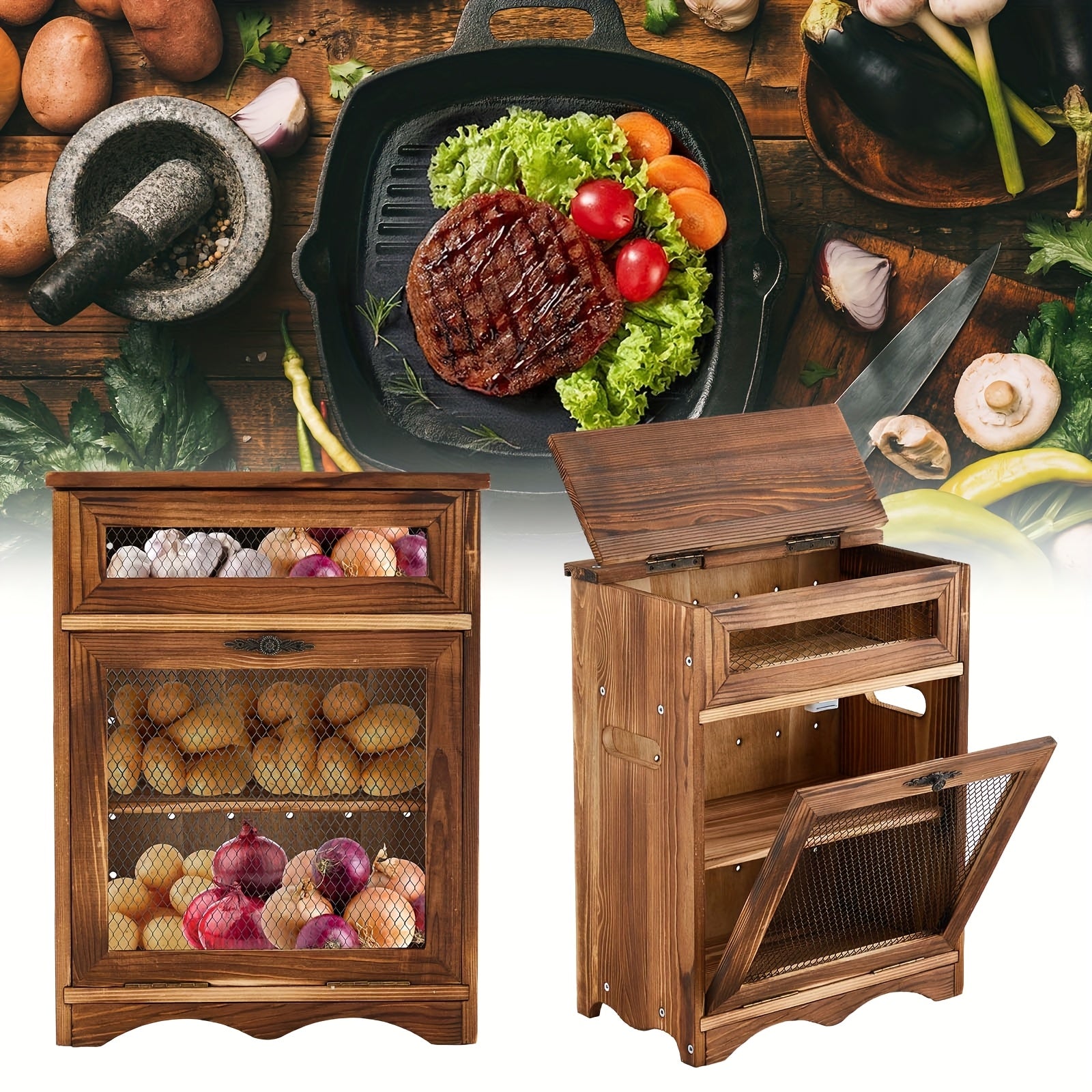 Heavy-Duty Countertop Bread Storage Box – fresh-bread countertop organization, Wooden Countertop Storage Cabinet Potato And Onion Bin Box Wooden Bread Storage Bins Potato, designed for American homes, daily convenience and practical gifting