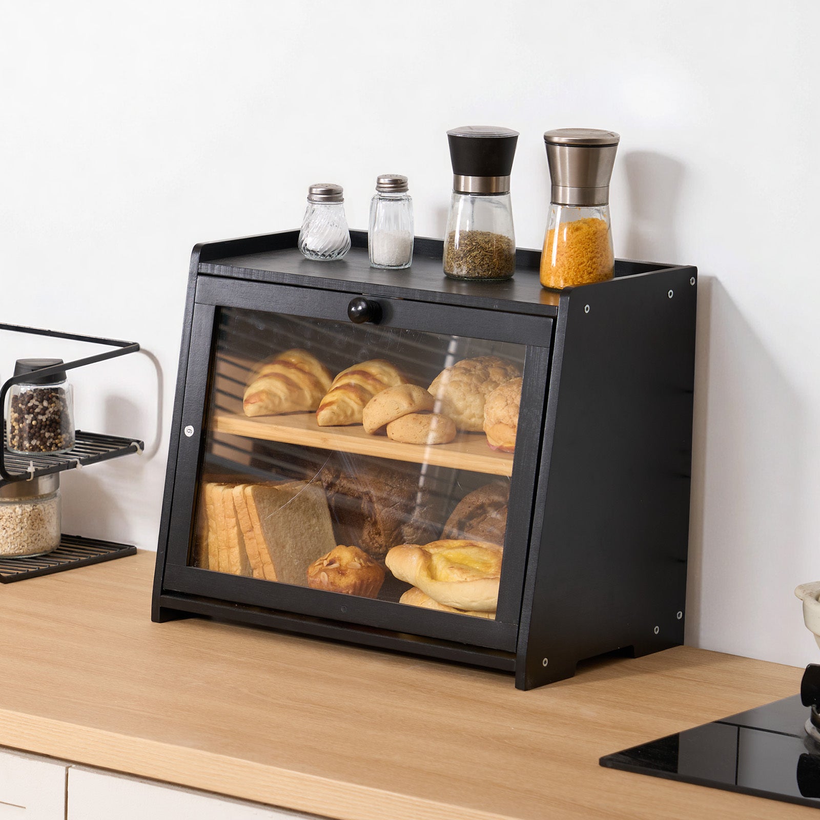 Space-Saving Countertop Bread Storage Box – fresh-bread countertop organization, VEVOR Bread Box for Kitchen Counter Large Capacity Bamboo Storage Container Single-layer Double-layer Black, designed for American homes, daily convenience and practical