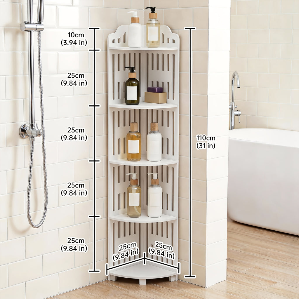 Kitchen Essential – 5-Tier Corner Storage Shelf, 43.31inch Tall Freestanding Organizer, Waterproof PVC Board Shelving Unit, Easy to Assemble, Holds Up to 30Lbs for Bathroom, Kitchen And Livi