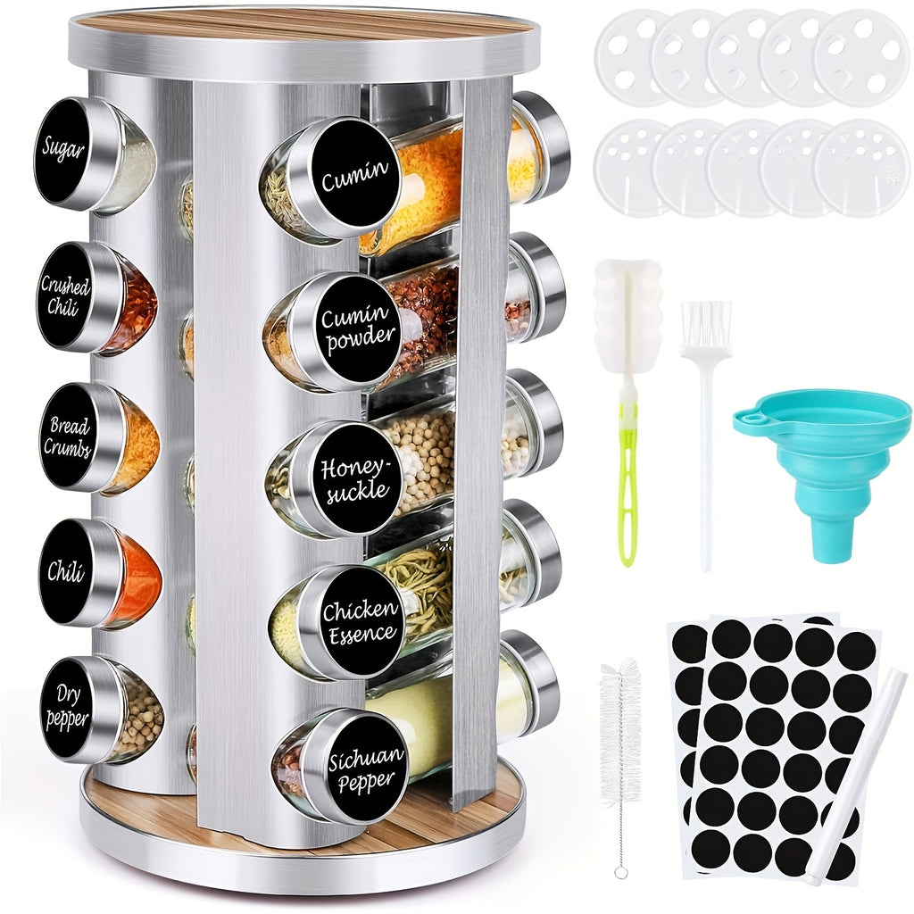 Spice Rack Organizer with Jars for Cabinet Revolving/Rotating Seasoning Organizer, Stainless Steel/Wooden Countertop Rack Tower Organizer for Kitchen Pantry with Reusable Labels/Funnel/Brushes
