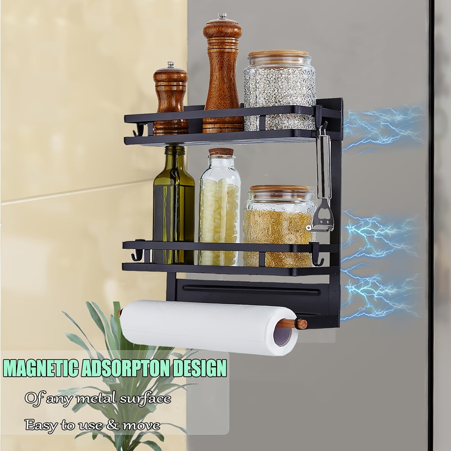 Magnetic Spice Rack for Refrigerator, Magnetic Shelf for Fridge Magnet Organizer Moveable Magnetic Paper Towel Holder with 4 Hooks for Kitchen Oven Space Saving