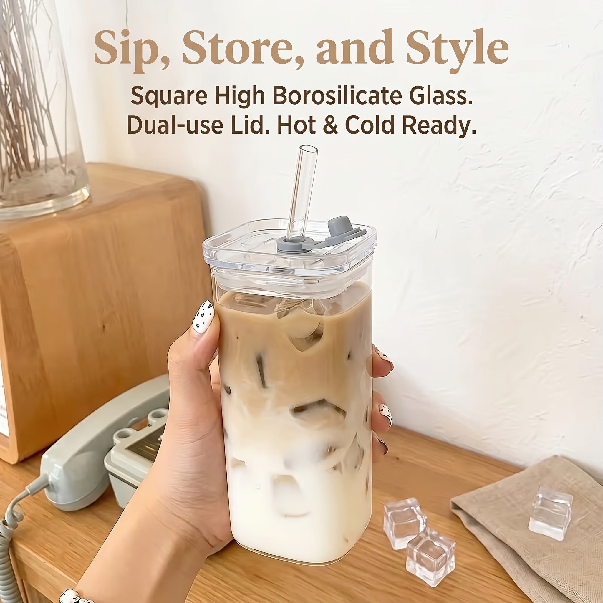 Compact 13oz Reusable Drinkware Set – easy-access beverage storage, Set of 4 Square Glass Cups with Lids 13oz Capacity Perfect Coffee Cups Includes, designed for American homes, daily convenience and practical gifting