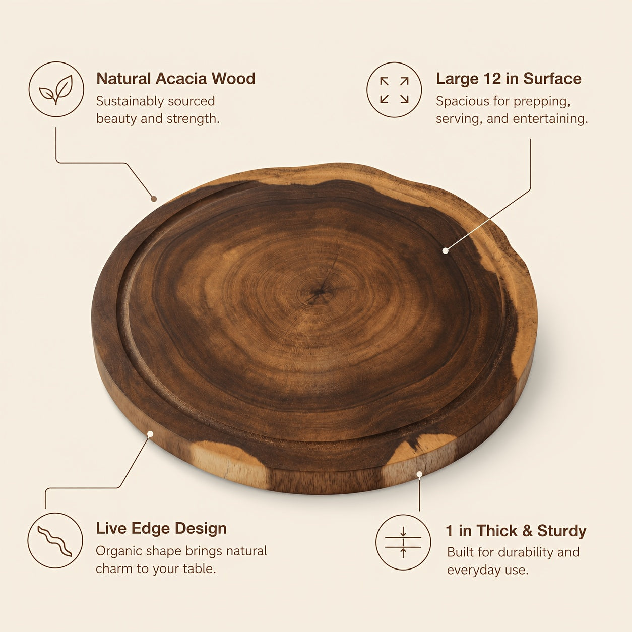 Linoroso 12-Inch Large Round Acacia Wood Cutting Board, 1-Inch Thick Live Edge Chopping Board, Cheese, Charcuterie, Bread, Pizza And Serving Platter for Kitchen Prep, BBQ, Picnic And Camping