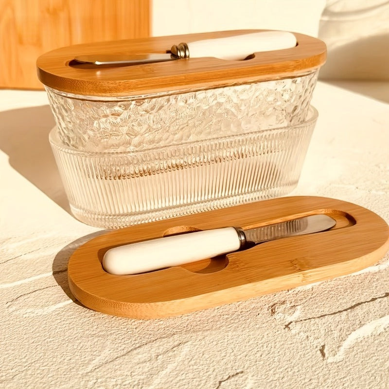 Modern 2pcs Butter Dish with Lid – covered refrigerator storage, Glass Butter Dish 2pcs Knife Butter Set with Sealed Lid Suitable for Countertop Refrigerator, designed for American homes, daily convenience and practical gifting