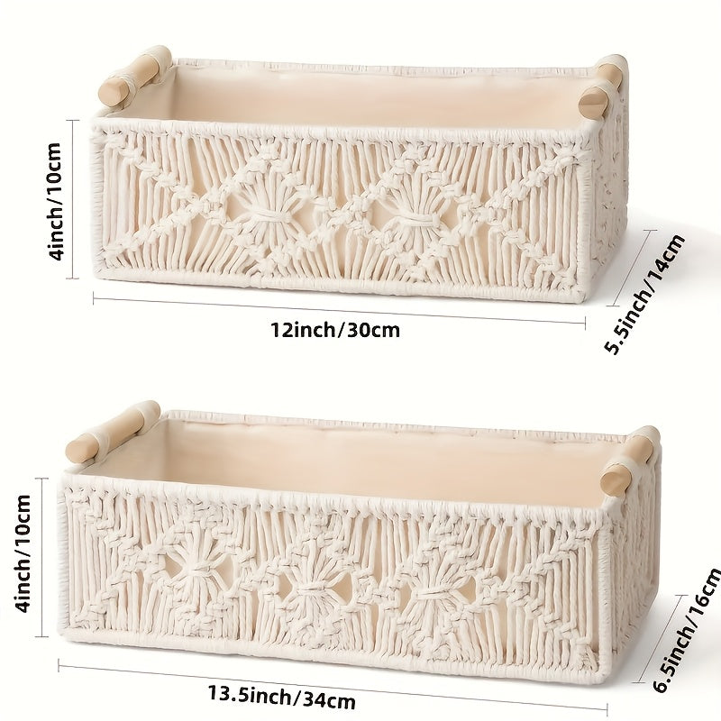 2/4pcs Bohemian Hand-woven Storage Basket In Textile Material With Grid Design Desktop Organization Box For Home And Office