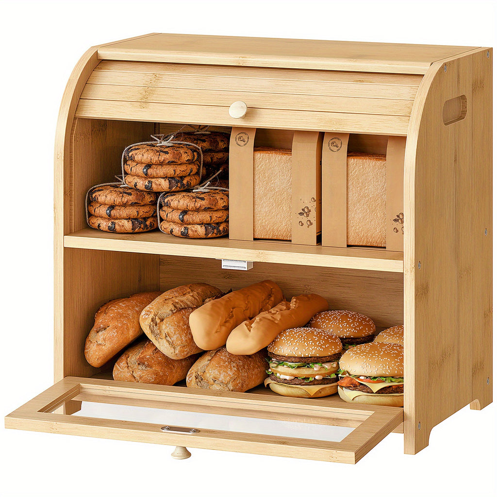 Natural, Bread Box, Natural Bamboo Bread Box for Kitchen Countertop, 2 Tier Roll-Top Bread Bin, Food Storage Box, Storage Cabinet, for Kitchen, Dining Room