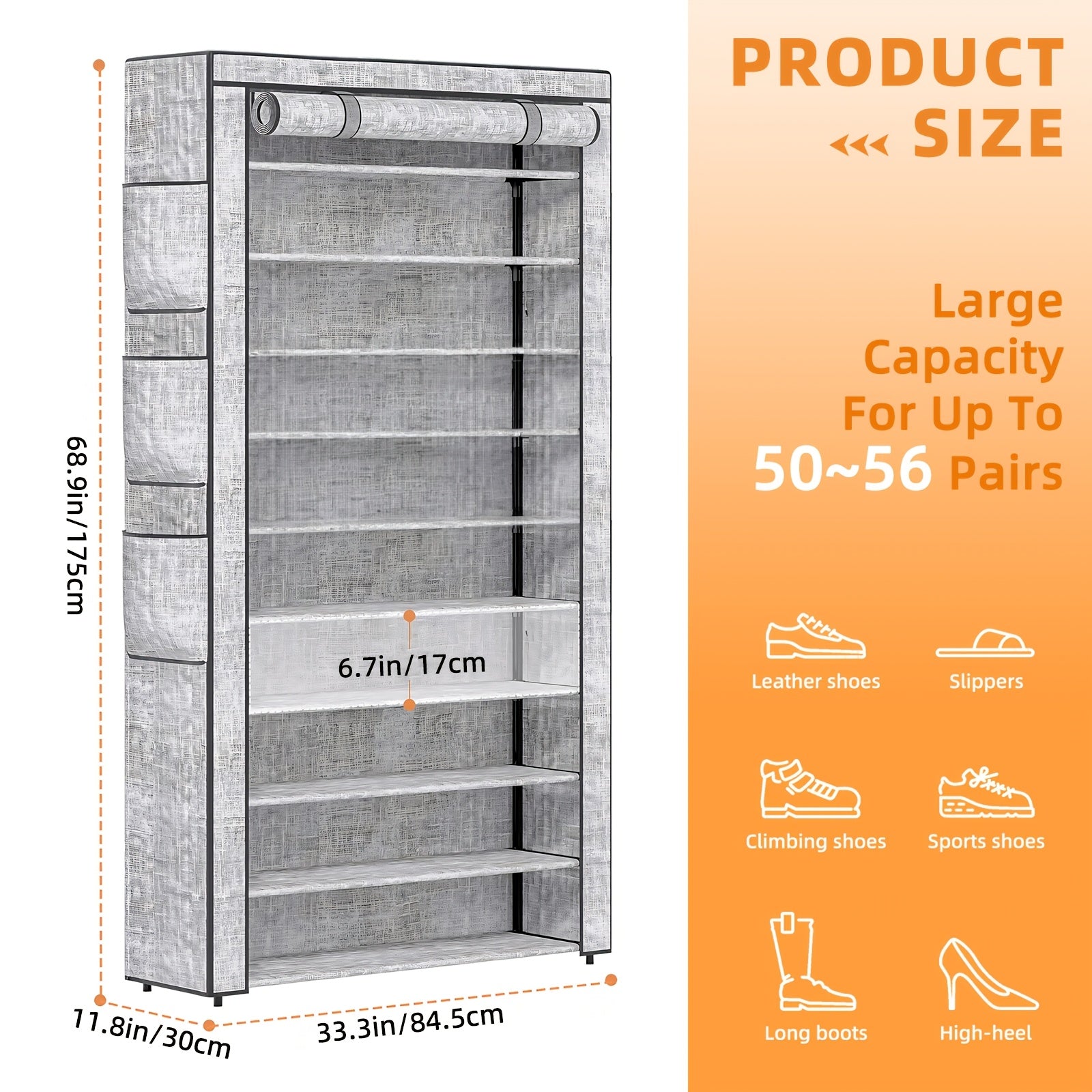 10 Tiers Large Shoe Rack With Covers, Stackable Tall Shoe Rack Organizer With 6 Side Pockets, Shoe Shelf Holds 50-55Pairs Sturdy Metal Shoe Rack Storage Organizer Cabinet, Shoe Racks Organizer For Closet Garage, Home Decor, Halloween And Christmas
