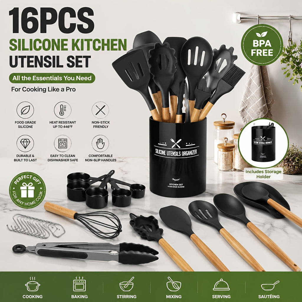 Kitchen Essential – [16pcs Kitchen Cooking Tool Set] 16pcs Are Super Cost-Effective, Complete, High Temperature Resistant, Non-Stick, Dishwasher Safe, Selected Kitchen Tools, Suitable For Ki