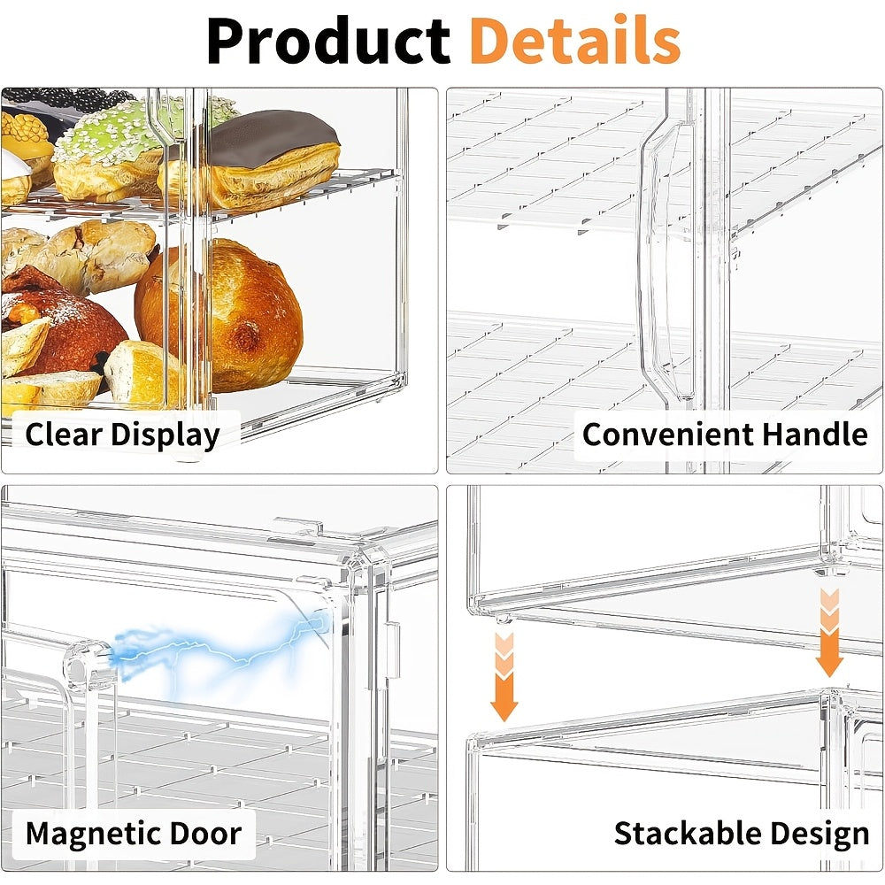 Large Bread Box for Kitchen Countertop, Pastry Display Case with Magnetic Door, with 3 Adjustable Dividers Bread Storage Container for Homemade Bread, Muffins, Bagels, Donuts