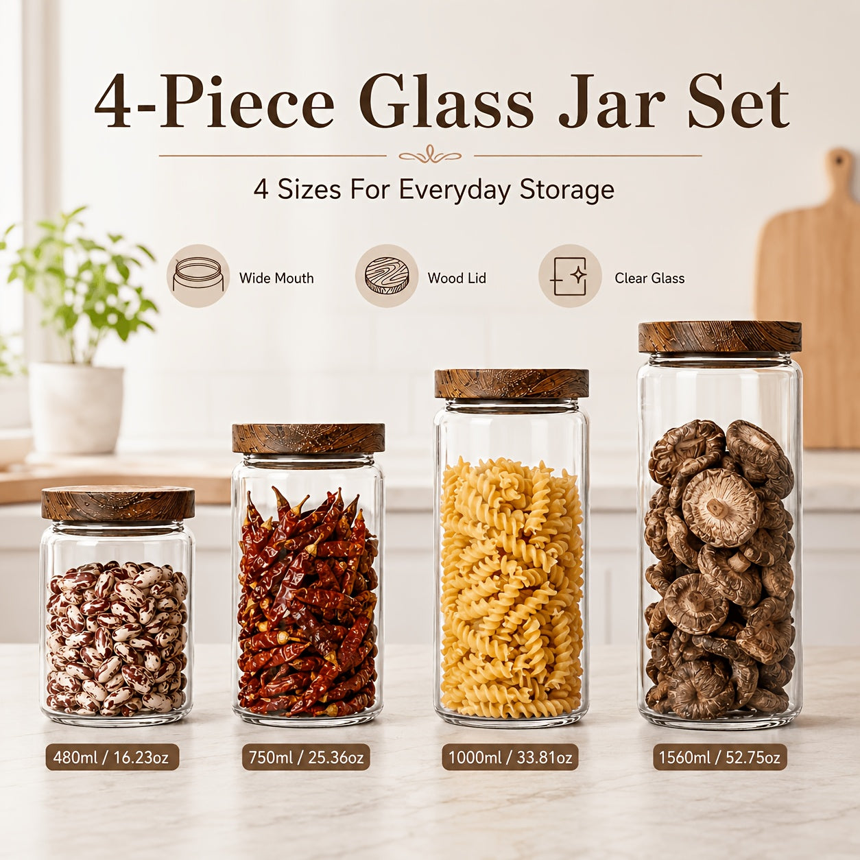 Compact 4pcs Stackable Home Storage Bins – portable space-saving storage, 4pcs Sealed Glass Storage Tank with Wooden Lid - Food Grade Transparent Kitchen Storage, designed for American homes, daily convenience and practical gifting