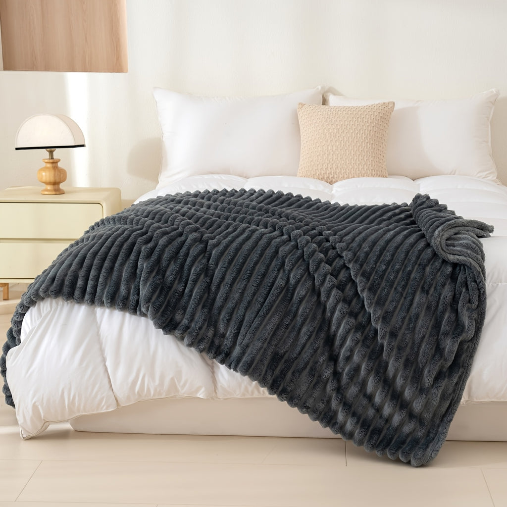 Versatile Cozy Home Textile Accent – comfortable everyday home styling, Luxurious Double-Sided Faux Rabbit Fur Throw Blanket - Cozy Striped Flannel Soft And Warm, designed for American homes, daily convenience and practical gifting