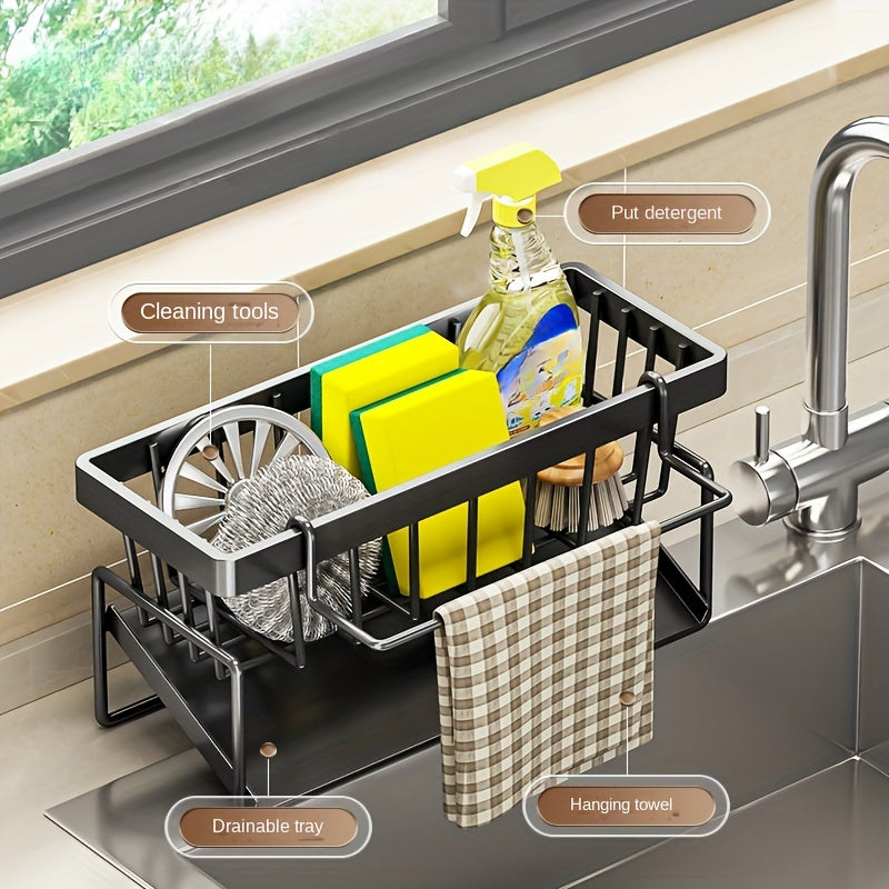 Kitchen Essential – High Quality Kitchen Sponge Rack Above Sink, Carbon Steel and Plastic Dishwasher Rack, Multifunctional Towel and Sponge Storage Rack, Space Saving Home Organizer -9.06x4.
