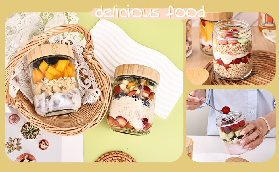 4/6 Packs Overnight Oats Containers with Bamboo Lids, Glass Jars with Airtight Lids for Meal Prep, Wide Mouth Mason Salad Jars, Glass Food Storage Container for Yogurt Chia Snacks Spice Sugar
