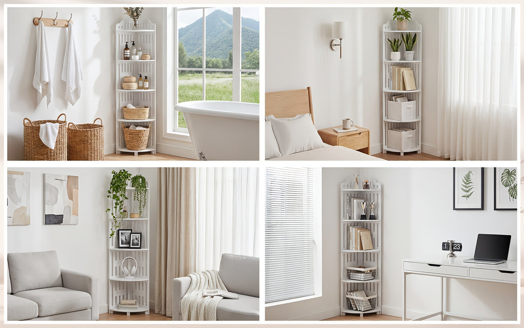 Kitchen Essential – 5-Tier Corner Storage Shelf, 43.31inch Tall Freestanding Organizer, Waterproof PVC Board Shelving Unit, Easy to Assemble, Holds Up to 30Lbs for Bathroom, Kitchen And Livi