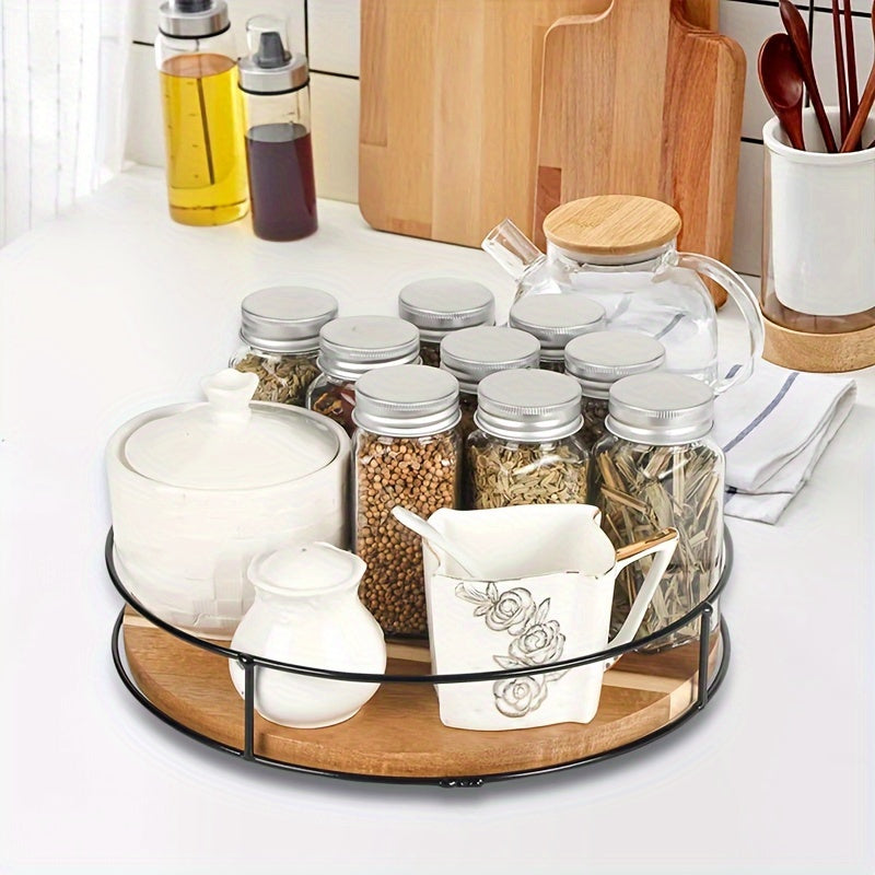 Heavy-Duty Adjustable Home Storage Rack – durable multi-purpose storage, Wooden Rotating Storage Rack with Steel Handrails Kitchen Spice Tray Susan Rotating Solid Wood, designed for American homes, daily convenience and practical gifting