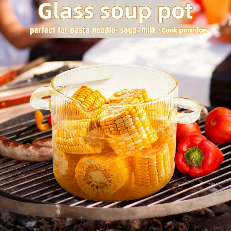 [2-Pack] Stovetop Safe Ribbed Glass Pots with Lids, 78Oz & 54Oz Saucepan for Soup Ramen Milk, Heat Resistant Borosilicate Cookware