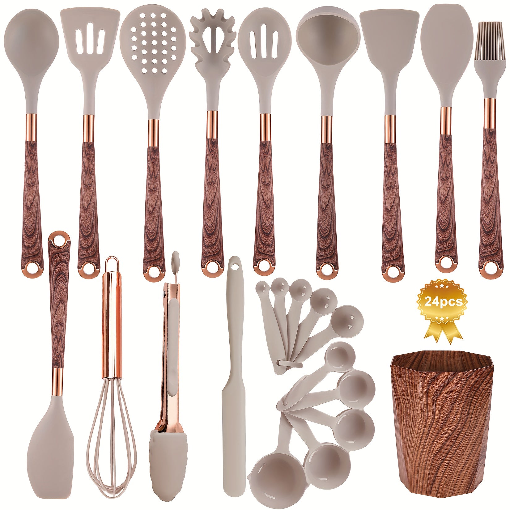 24pcs Silicone Cooking Utensils Set - Kitchen Utensils Set with Storage Box, Wood Pattern Handle Silicone Utensils for Cooking with Food Safety Turner, Pasta Server, Skimmer, Ladle, Spoon, Tong, Whisk
