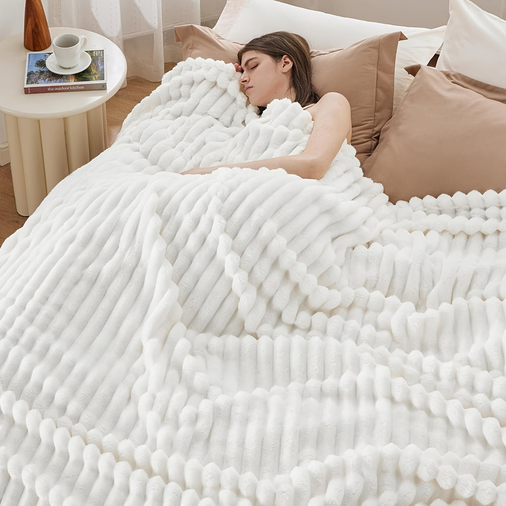 Versatile Cozy Home Textile Accent – comfortable everyday home styling, Luxurious Double-Sided Faux Rabbit Fur Throw Blanket - Cozy Striped Flannel Soft And Warm, designed for American homes, daily convenience and practical gifting