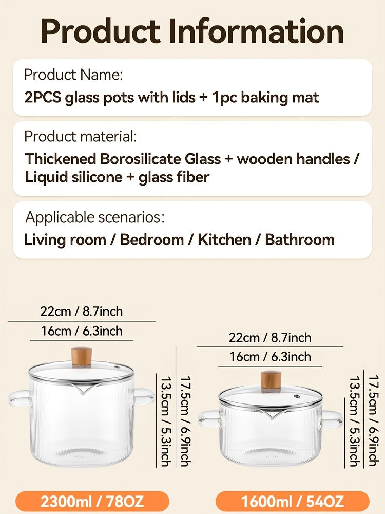 [2-Pack] Stovetop Safe Ribbed Glass Pots with Lids, 78Oz & 54Oz Saucepan for Soup Ramen Milk, Heat Resistant Borosilicate Cookware