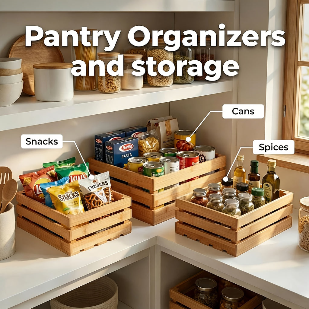 Space-Saving Adjustable Home Storage Rack – durable multi-purpose storage, Bamboo Storage Bins Set Multi-Size Kitchen Pantry Organizer Multi-Functional Storage Boxes for Home Organization, designed for American homes, daily convenience and practical