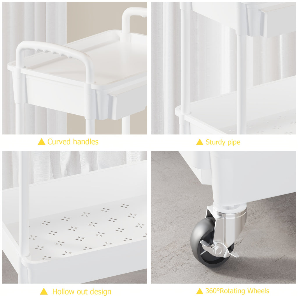 Kitchen Essential – 3 Tier Multifunctional Rolling Cart with Drawer, Durable Plastic Rolling Cart- with Drawers And Lockable Wheels, Includes Practical Accessories Like Cup Holders And Hooks