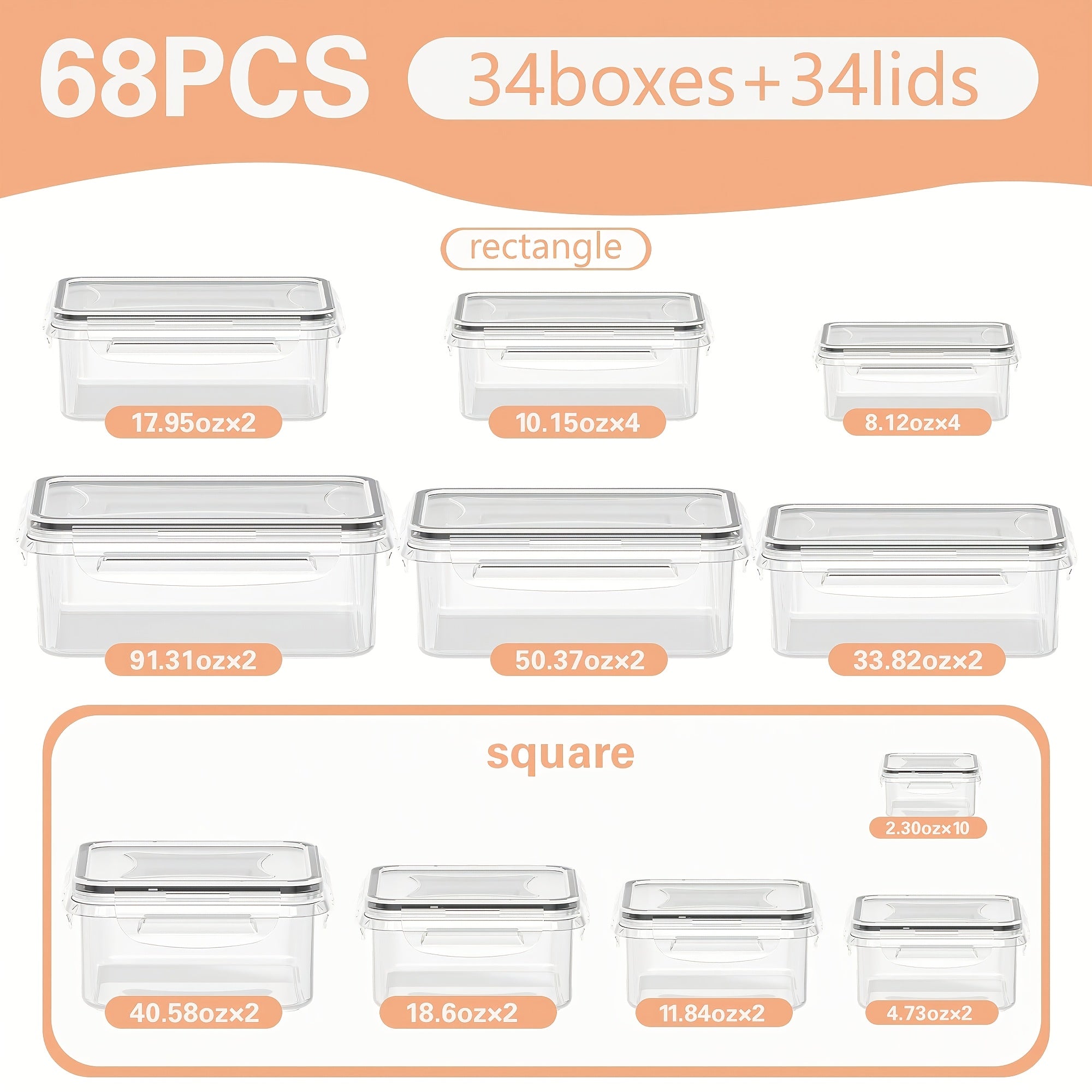 Kitchen Essential – [Leakproof Stackable Containers] 68pcs Food Storage Containers Set With Lids (34 Containers + 34 Lids), Leakproof Stackable Food Containers, Microwave & Dishwasher, Clear