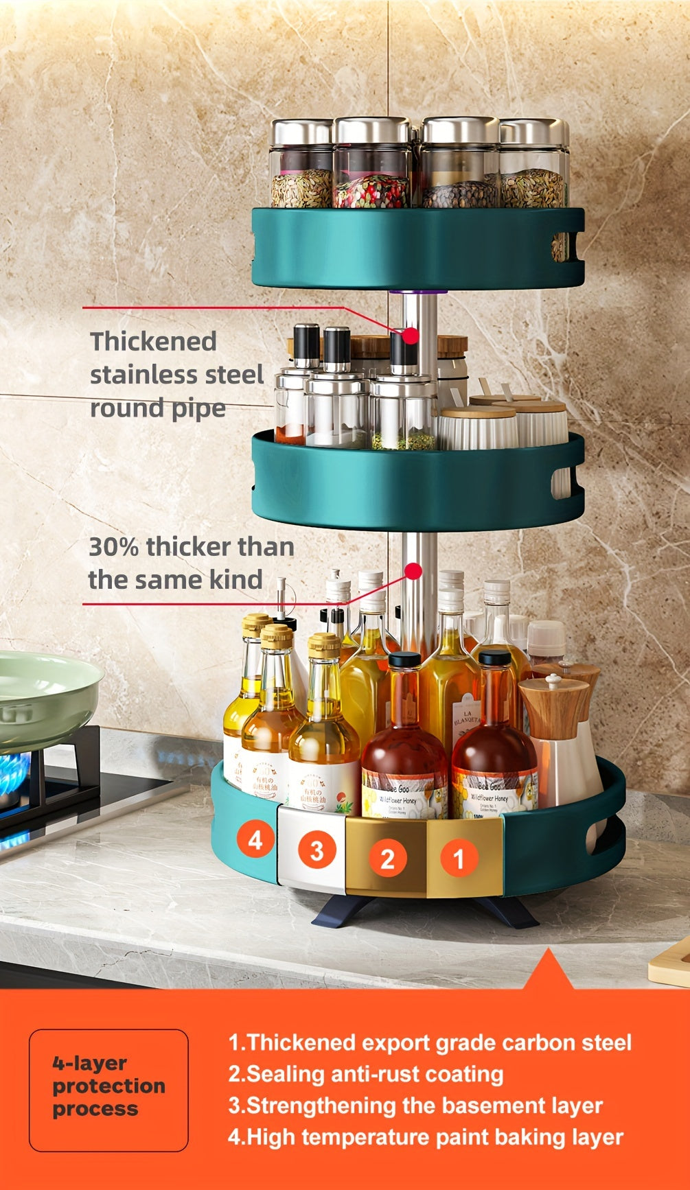 Kitchen Essential – Adjustable 2-tier Kitchen Storage Rack For Spices, Lazy Mechanical Rotating Turntable, Suitable For Various Scenes Such As Kitchen Countertops, Living Room Fruit Storage