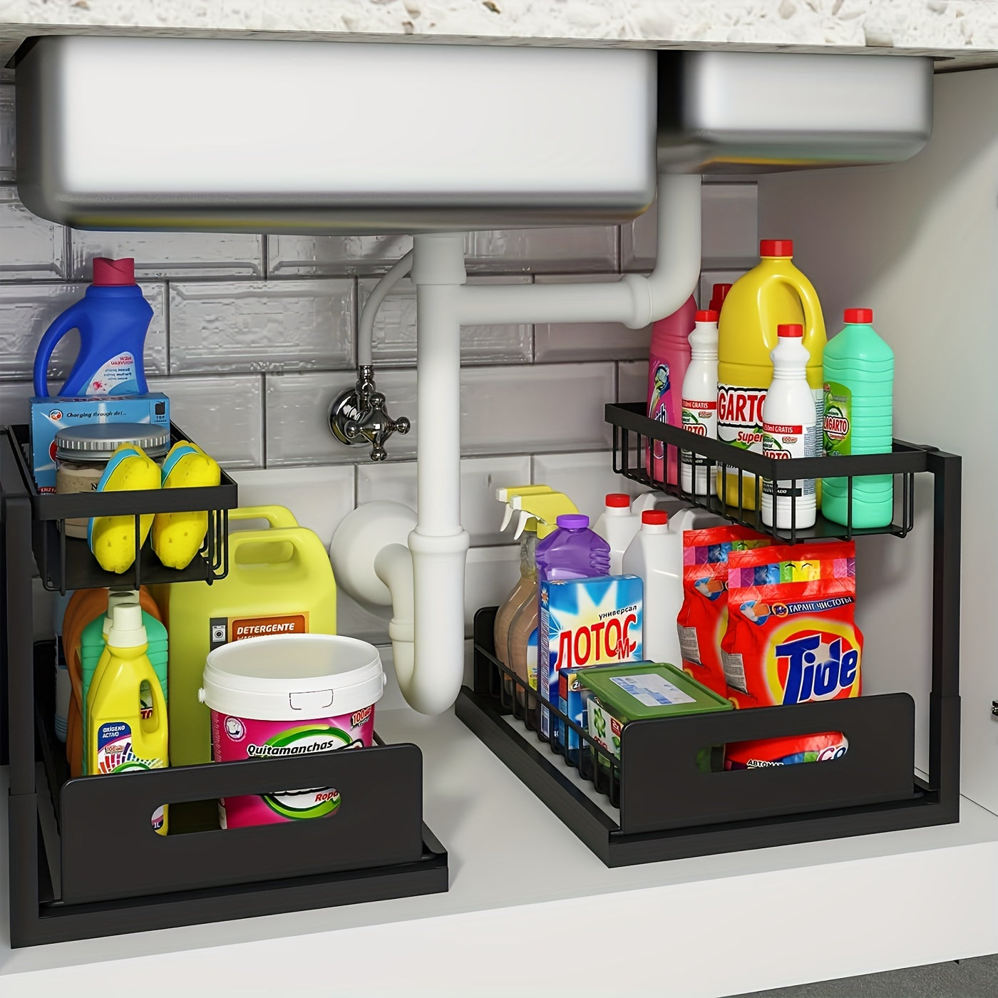 Home Organizer – 2-Tier Sliding Under Sink Organizer And Storage - Maximize Bathroom And