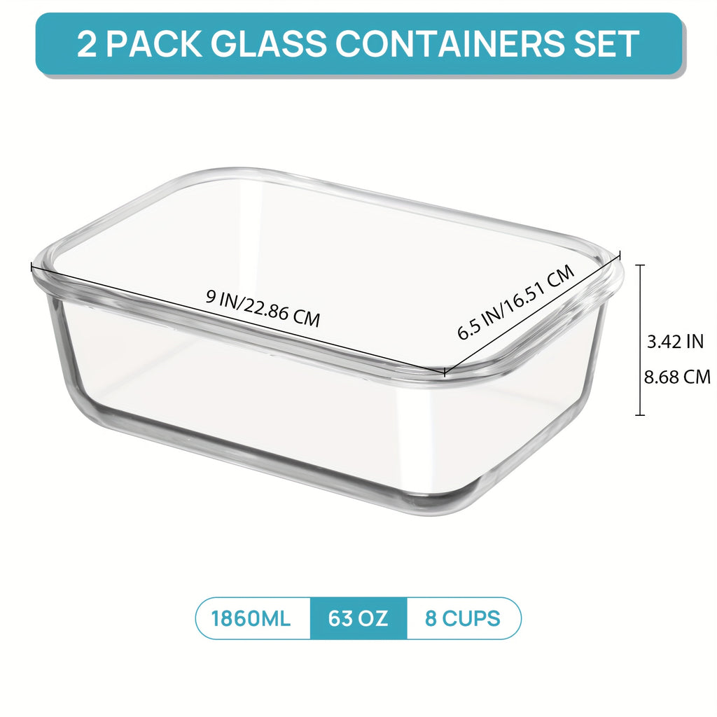 1860Ml/ 63Oz Large Glass Storage Containers with Lids, 2Pack Food & Dish Transport-Bus Tubs, Meal Prep Food Container Set with Snap Airtight Lid, Leak Proof, for Food Storage And Transportation