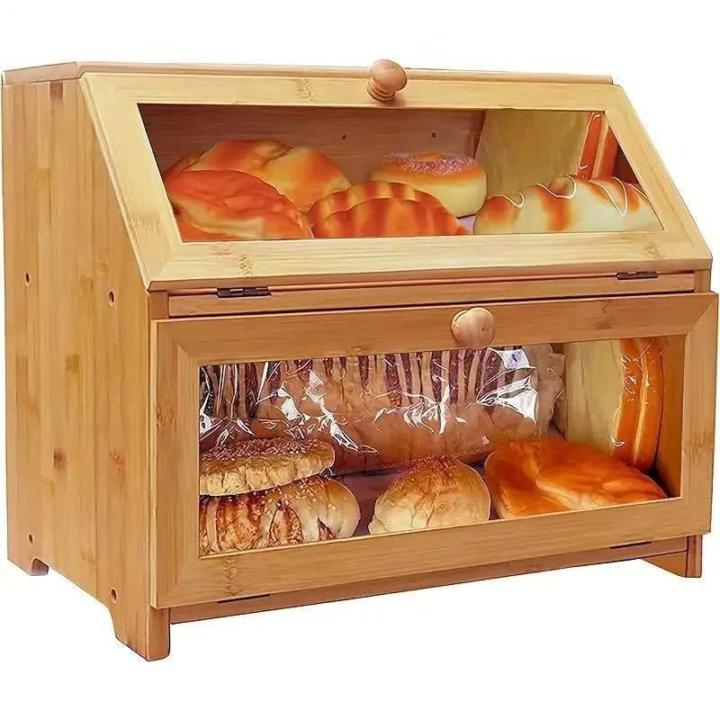 1pc Double Layer Large Bread Box for Kitchen Counter, Wooden Large Capacity Bread Storage Bin