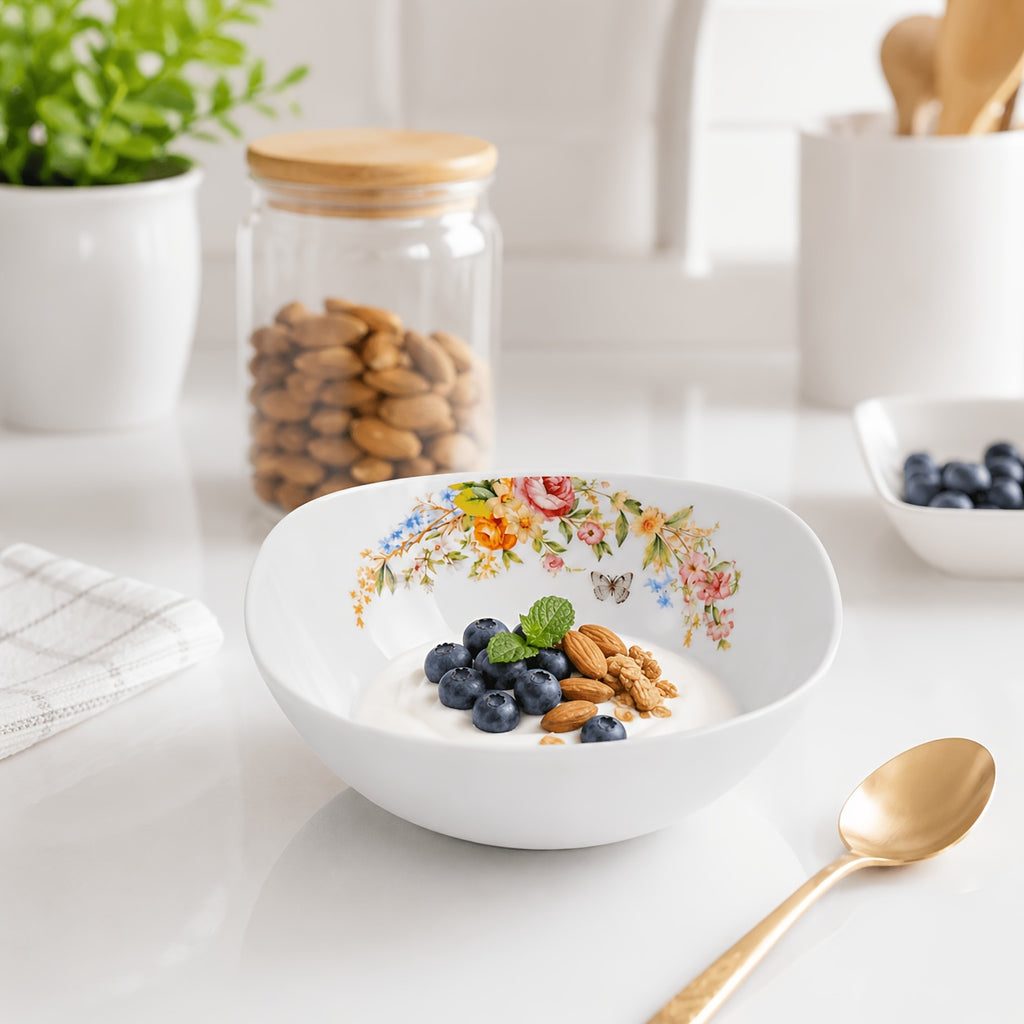 [4pcs Ceramic Bowl] 4pcs Modern Square 5Inch Ceramic Bowl Stylish Curved Edge Design Floral Pattern Soup Dessert Bowl Unique Shape Dinnerware Minimalist Nordic Style Salad Rice Serving Bowl Aesthetic Home Kitchen Tableware