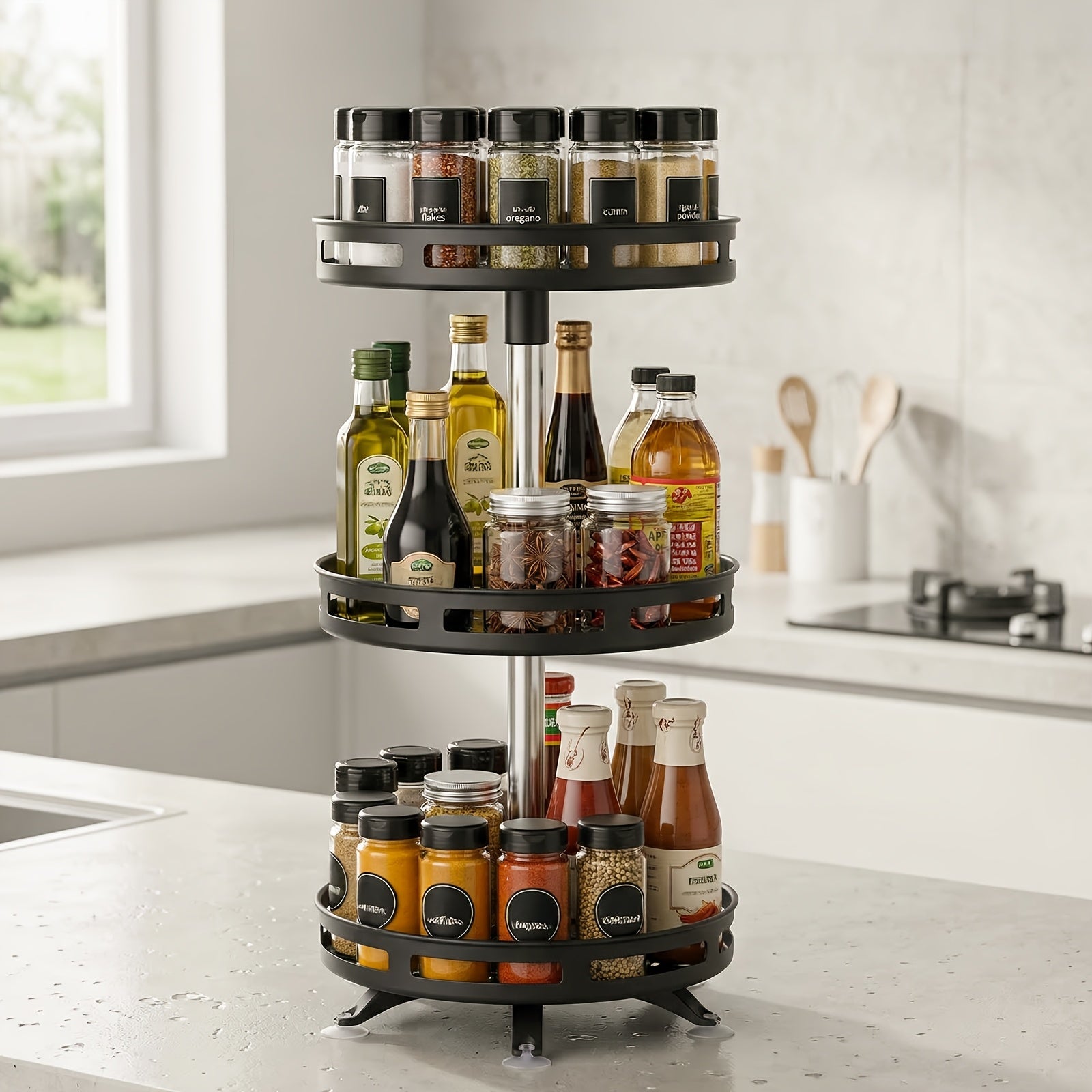 Modern Glass Spice Jar Set – clear reusable pantry storage, 3-Tier Rotating Kitchen Spice Rack Metal Turntable Rotating Spice And Seasoning Storage Rack Kitchen, designed for American homes, daily convenience and practical gifting