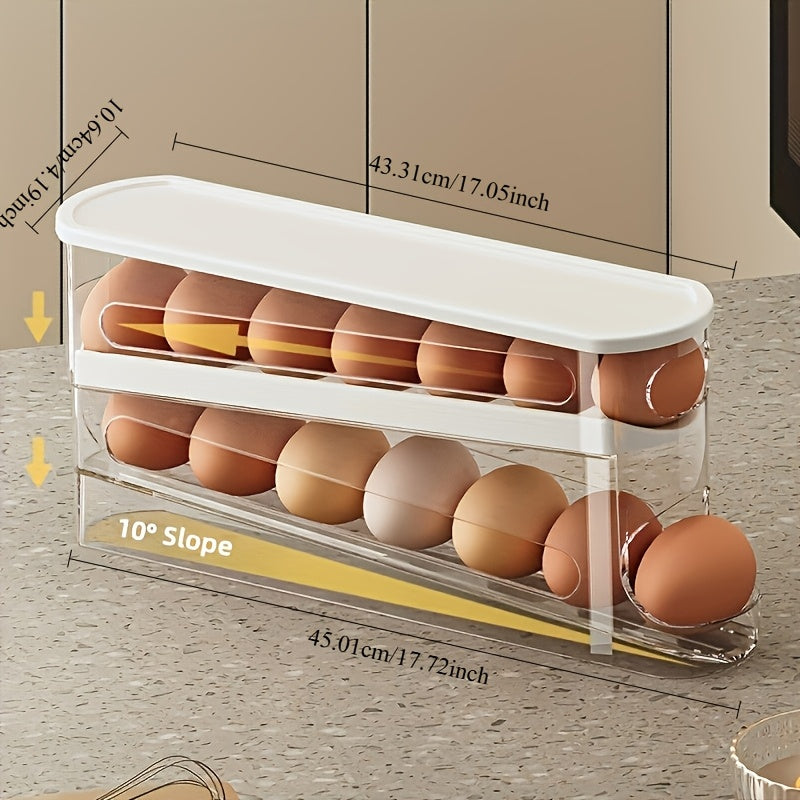 Automatic Rolling Sliding Egg Rack, Space-Saving Design with Easy Access Sliding Tiers And Transparent Compartment, for Kitchen And Refrigerator Storage, Durable No Batteries Required