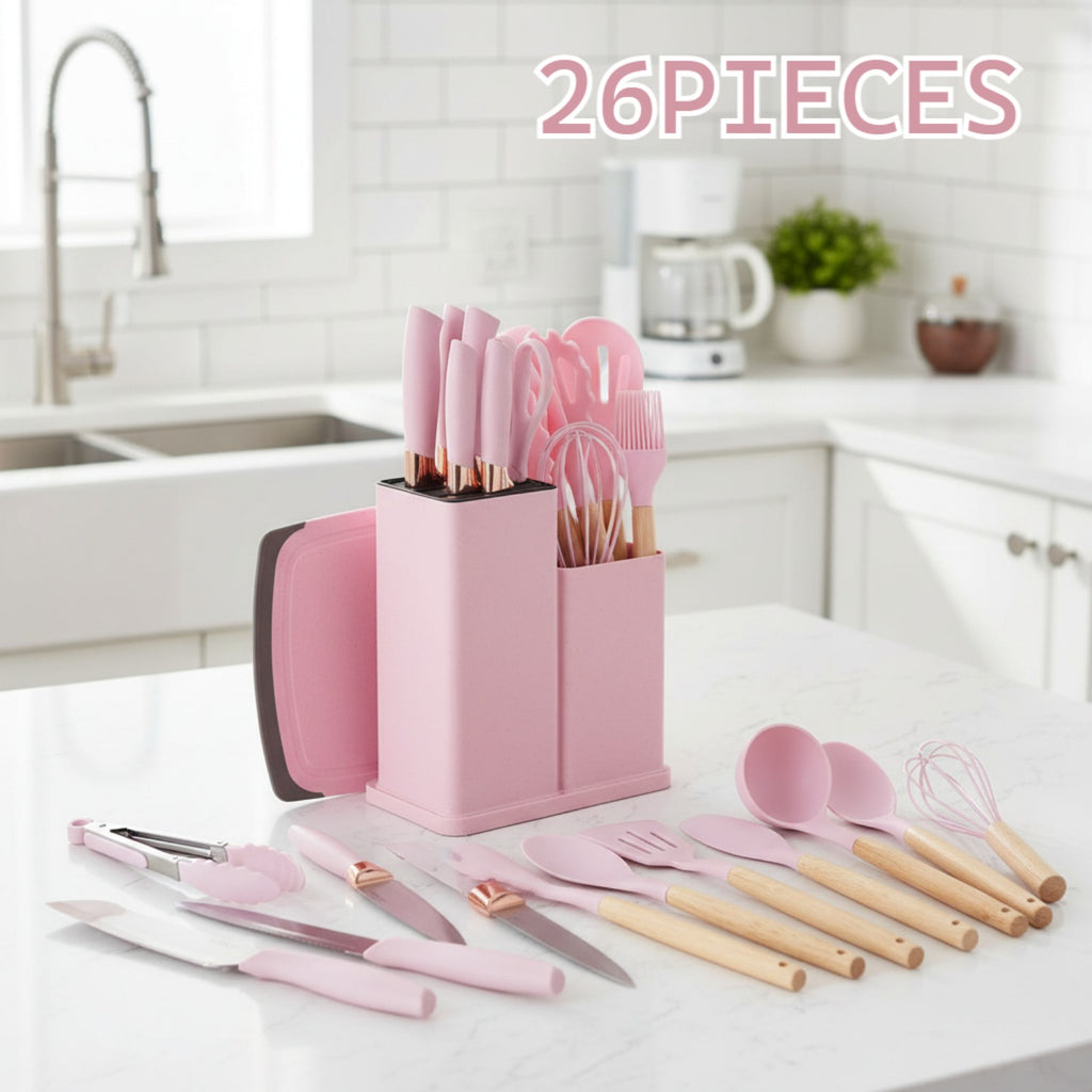 Kitchen Essential – 26pcs Silicone Cooking Utensil Set - A Safe Kitchen Tool Collection with Wooden Handles, Non-Stick Cooking Implements, Washable Modern Cookware, Kitchen Essentials, Perfe