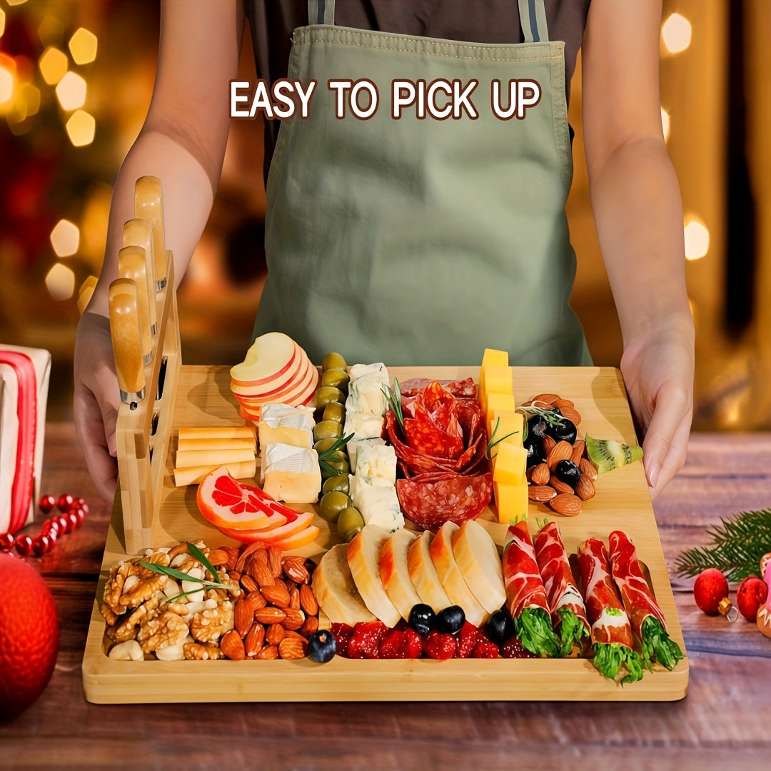 Compact Home Storage Organizer – space-saving everyday organization, Bamboo Charcuterie Board Set with 4 Stainless Steel Knives Magnetic Holder - Large Divided, designed for American homes, daily convenience and practical gifting