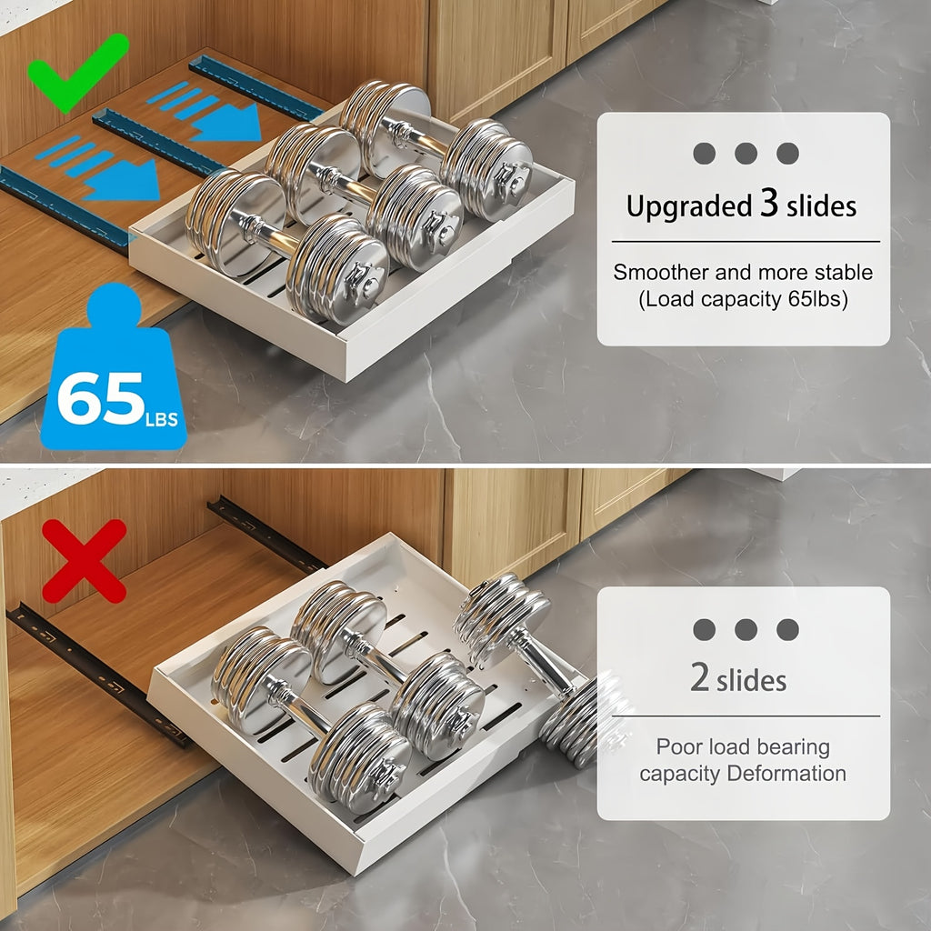 4-Pack Carbon Steel Expandable Pull Out Cabinet Organizer (12.6"-20.6"W), Rust-Resistant Silent Sliding Drawers with Adhesive Nano Film Or Nail Installation, 17" Deep Slide Out Drawers for Kitchen, Pantry