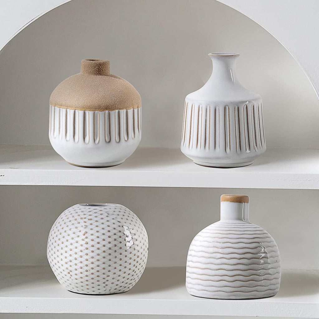 4pcs Bohemian Minimalist Small Ceramic Vases, Suitable for Bedrooms, Living Rooms, Offices, Fireplace Centers, Used as Farmhouse and Rural Retro Vase Home Decorations, and Various Holiday Gifts.