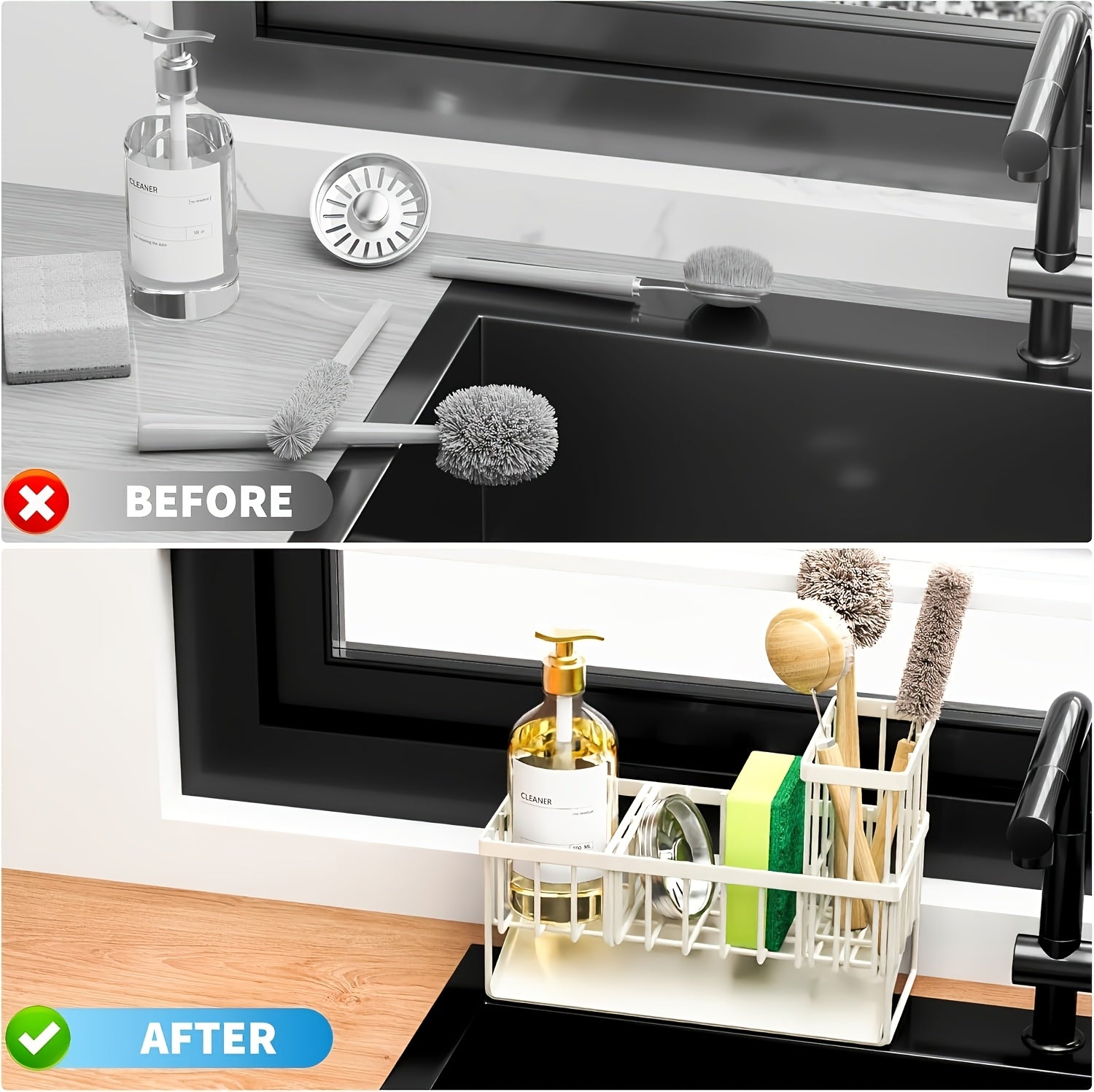 Durable Stainless Steel Kitchen Sink Organizer with Drain Tray - Heavy Duty 304 Rust-Proof Black Sink Storage Basket, Versatile Sponge And Brush Holder, Space-Saving Dish Rack Accessory for Sink And Countertop Without Dishwasher