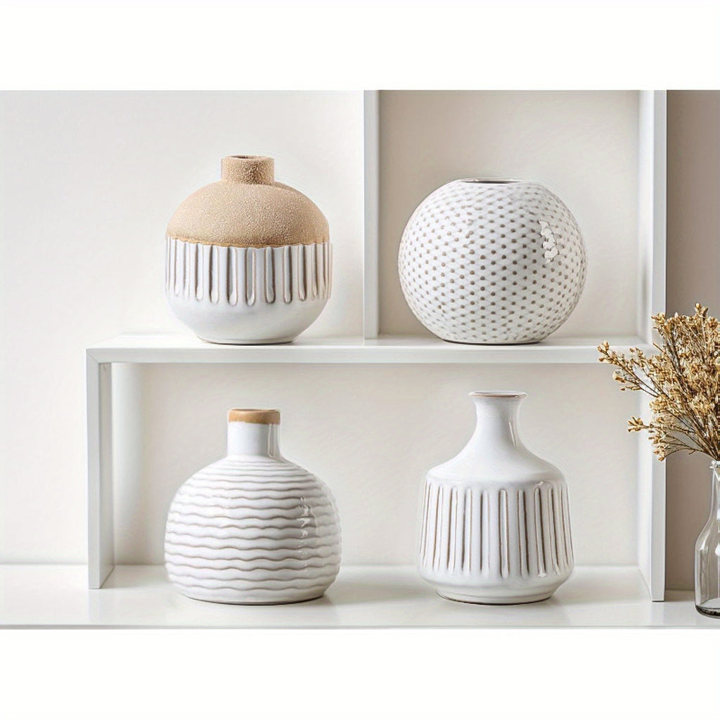 4pcs Bohemian Minimalist Small Ceramic Vases, Suitable for Bedrooms, Living Rooms, Offices, Fireplace Centers, Used as Farmhouse and Rural Retro Vase Home Decorations, and Various Holiday Gifts.