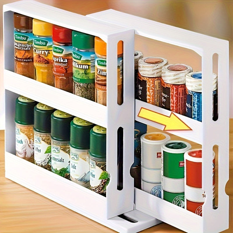 Compact 2-Tier Rotating Spice Organizer - High Capacity, Versatile Storage for Kitchen, Bathroom, And Home Office - Ideal for Storing Condiments, Ingredients, And Medications, As Well As Food Items And Cabinet Organization, Standing Shelf