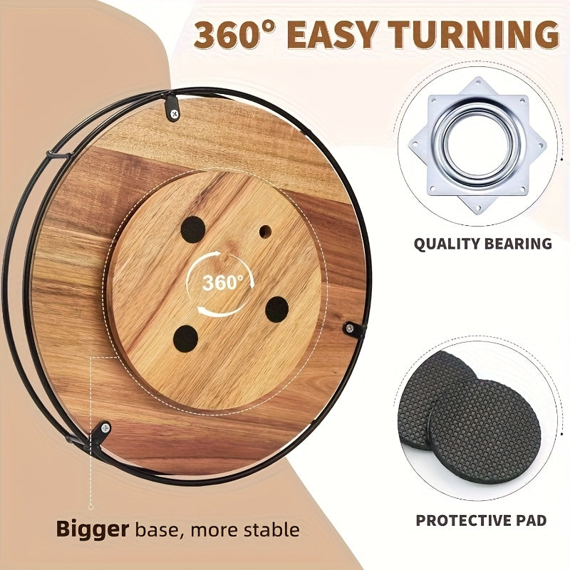 9 Inch Lazy Susan Turntable for Table, Kitchen Rustic Brown Turntable Organizer with Steel Frame, 360 Degree Decorative Lazy Susan for Countertop Cabinet Or Centerpieces